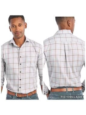 Johnnie-O Top Shelf Light Gray Brown Windowpane Plaid Button Up Shirt Men's XXL